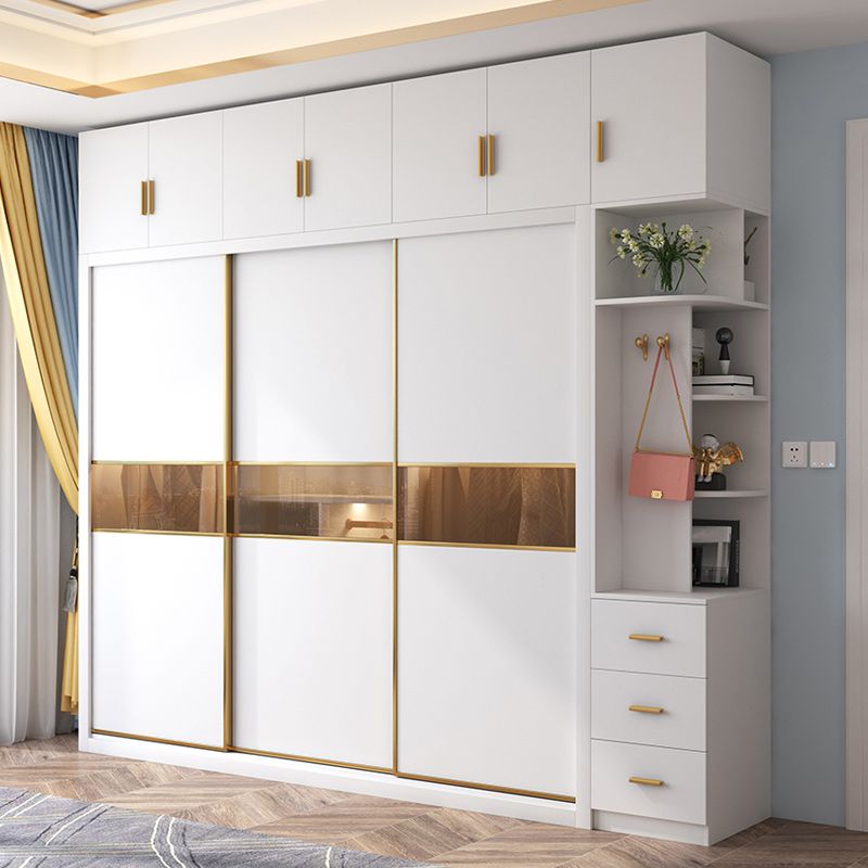 White Engineered Wood Wardrobe Armoire Modern Sliding Door Wardrobe