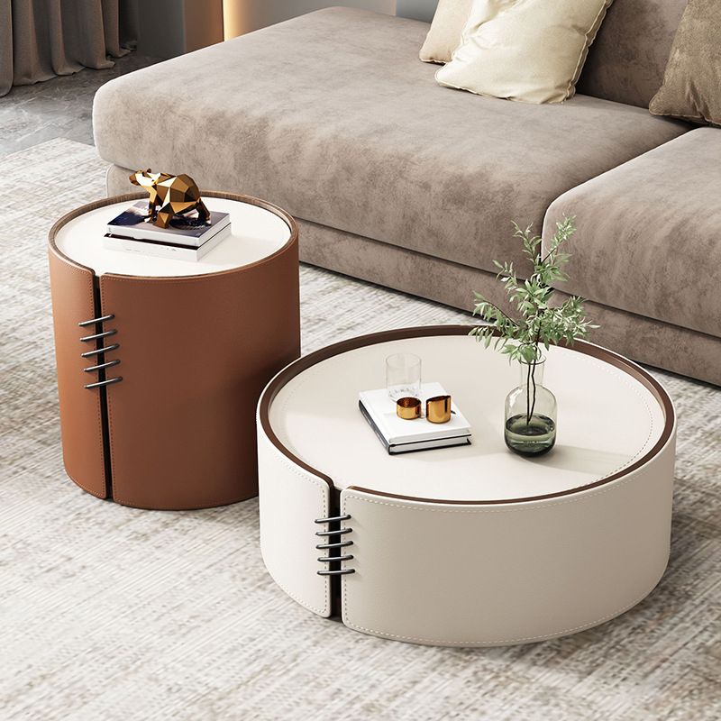 Contemporary Round Coffee Table Leather and Stone Coffee or End Table Drum
