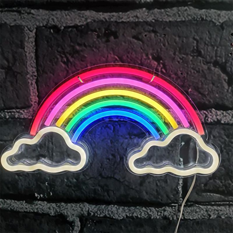 Ligera de dormitorio LED Noche de caricatura Lámpara de mesita de noche blanca con sombra de plástico arcoiris