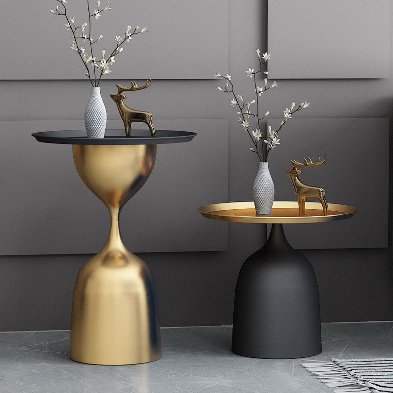 17.7"/26.3" Tall Metal Pedestal End Table Round Tray Top Side End Table
