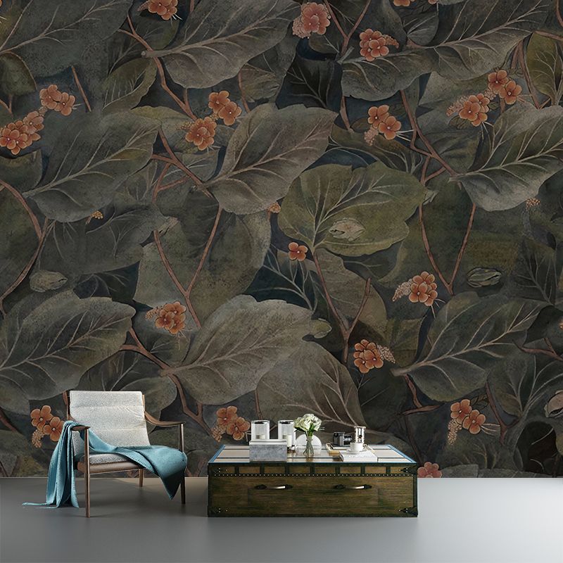 Turquoise Broad Leaf Mural Wallpaper Moisture-Resistant Wall Decor for Living Room