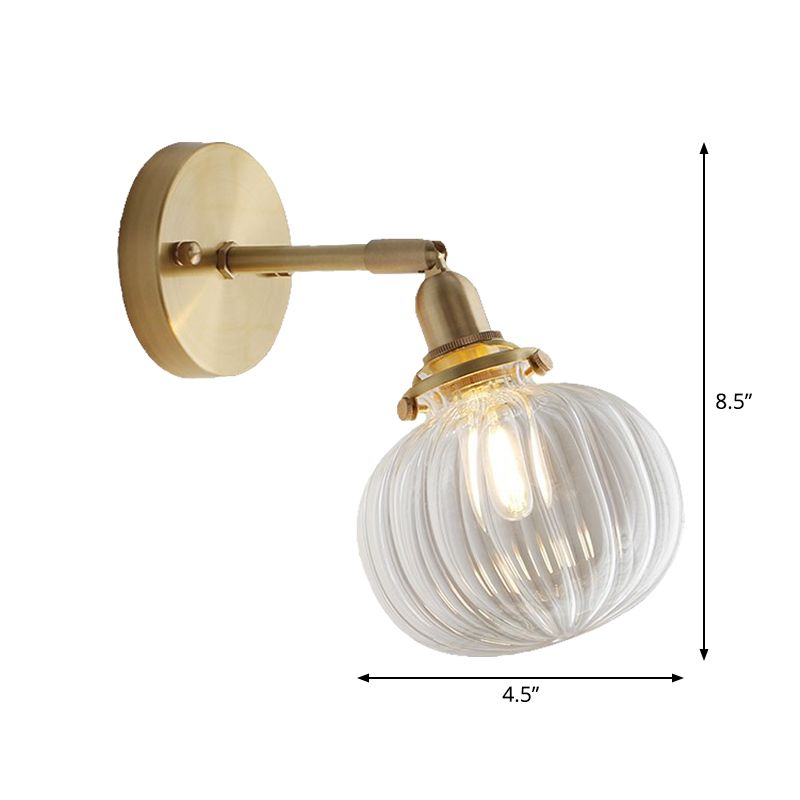 Single Head Pumpkin Wall Lamp Traditional Gold Clear Fluted Glass Adjustable Wall Mounted Light