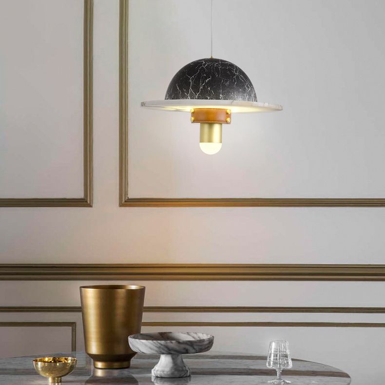 Novelty Postmodern UFO Shaped Pendant Light Marble Bedside LED Hanging Lamp in Gold