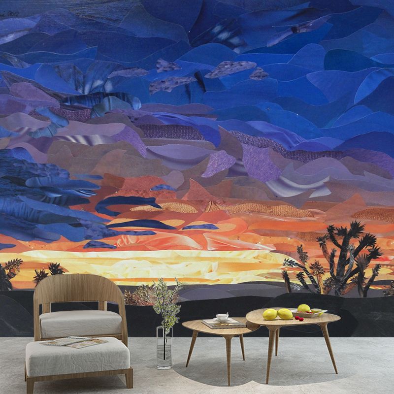 Artistic Wilderness Sunset Cactus Murals for Living Room Personalized Wall Covering in Orange-Blue