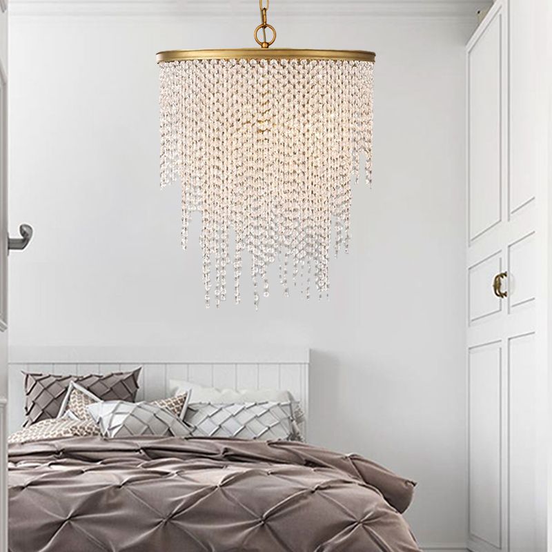 5/6 Lights Waterfall Chandelier Light Rural Brass Crystal Suspension Pendant for Bedroom
