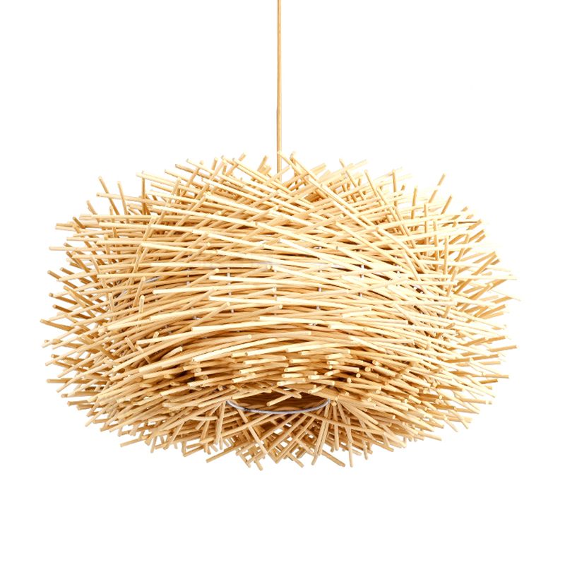 Asian 1 Bulb Ceiling Pendant Light Beige Nest Shape Hanging Lamp Kit with Rattan Shade