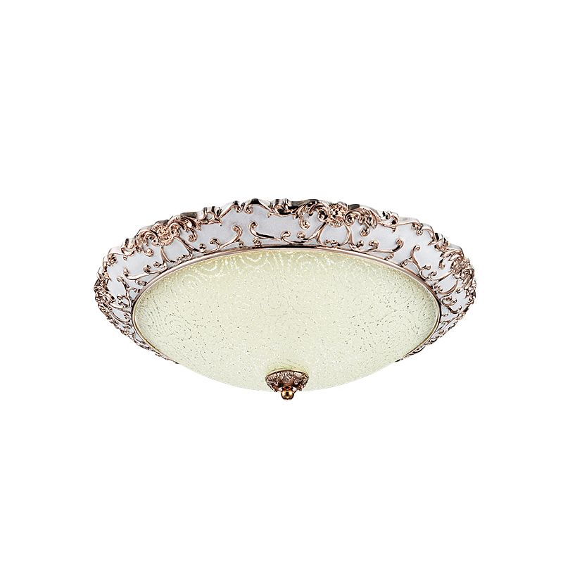 Bowl-Shaped Bedroom Flush Mount Traditional White Glass LED Beige Flushmount with Carved Trim