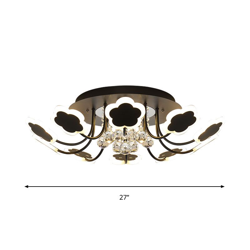 Petal-Shape Semi Mount Light Modern Acrylic 23"/27" W LED Black/White Ceiling Lamp with Clear Crystal Draping, Warm/White Light