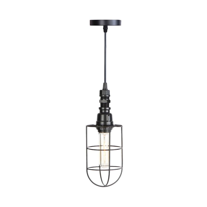 Caged Iron Hanging Ceiling Light Farmhouse 1 Bulb Coffee Shop Suspension Pendant in Black