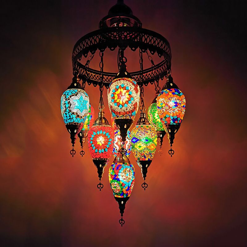 Ice Cream Stained Glass Pendant Chandelier Traditional 10 Heads Dining Room Ceiling Light in Blue-Yellow-Green-Pink