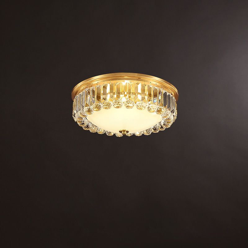 LED Flush Ceiling Light Country Bowl Frosted Glass Flush Mount Fixture in Brass with Round Crystal Edge
