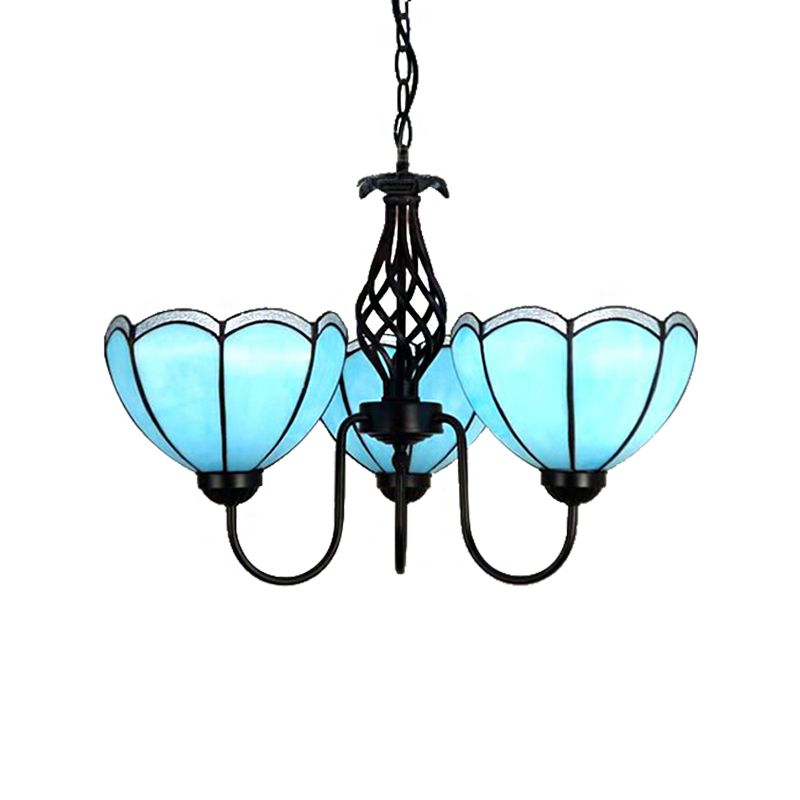 3 Lights Scalloped Chandelier Light Traditional Tiffany Blue Glass Pendant Light for Living Room