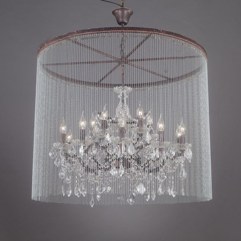 Crystal Candelabra Chandelier Retro 15 Heads Living Room Ceiling Light in Rust with Tassel Chain