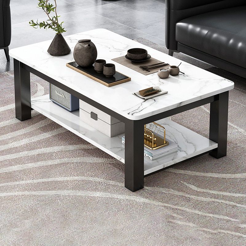Rectangular Glass 4 Legs Coffee Cocktail Table with Storage Shelf