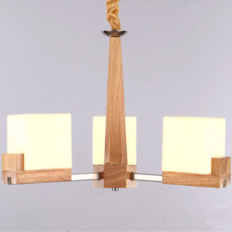 Modern Singularity Radial Pendant Light Wooden Indoor Chandelier with White Frosted Glass Shade