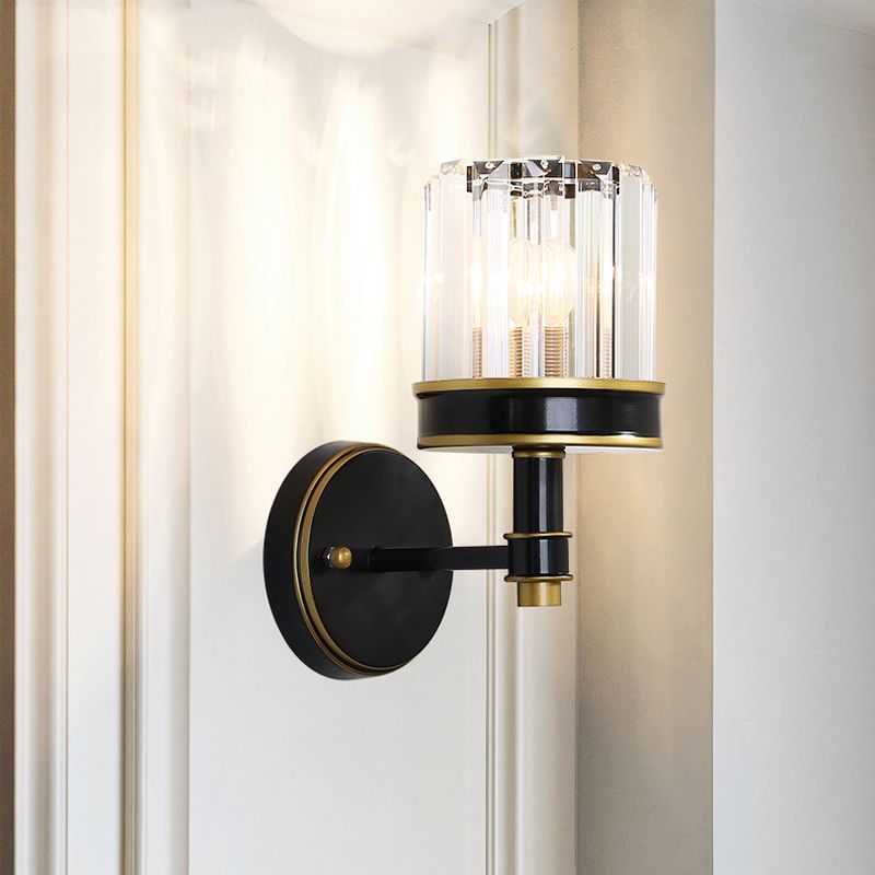 Crystal Cylinder Wall Light Modern 1 Light Flush Mount Wall Sconce in Black for Hallway