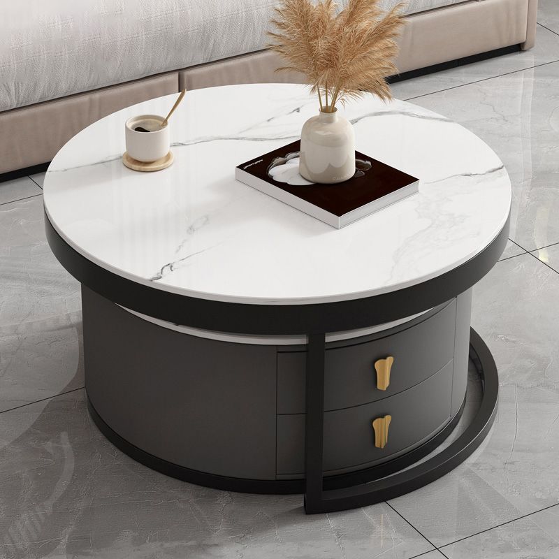 Modern Round Glass Cocktail Table Set Iron Frame Coffee Table with Drawers