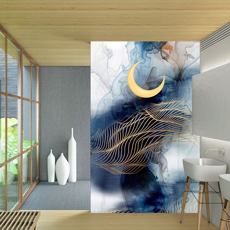 Abstract Moon-Mountain Painting Murals Contemporary Non-Woven Cloth Wall Art in Blue-Yellow