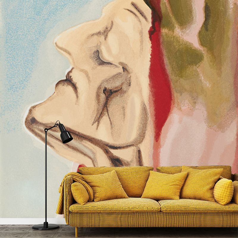 Aged Woman Side Portrait Mural in Brown Surrealism Wall Covering for Living Room