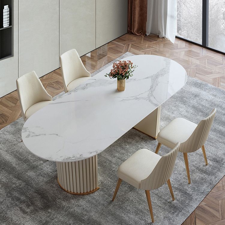 Contemporary White Oval DiningTable Sintered Stone Top Double Pedestal Table