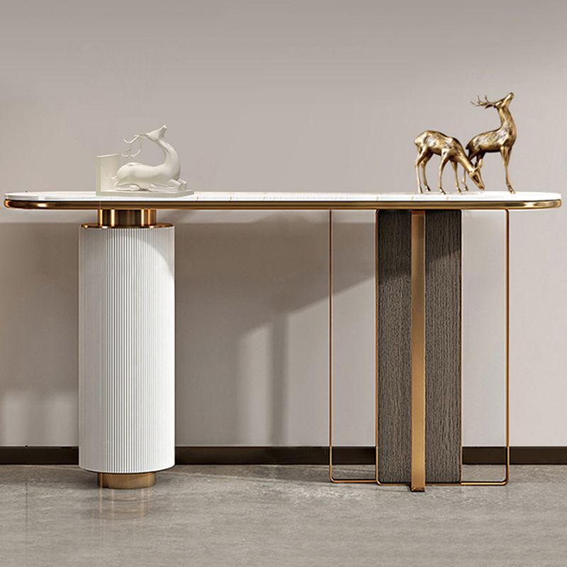 Glam Oval Console Table Stone White Console Sofa Table for Hall