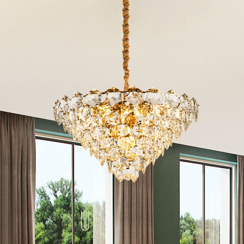 Simple Tapered Hexagon Crystal Hanging Lamp 8 Lights Chandelier Light Fixture in Gold