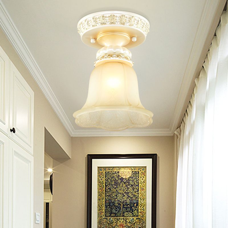 Bloom Shape Hallway Ceiling Lamp Cottage Fluted Cream Glass 1 Light Beige Flush Mount Light Fixture