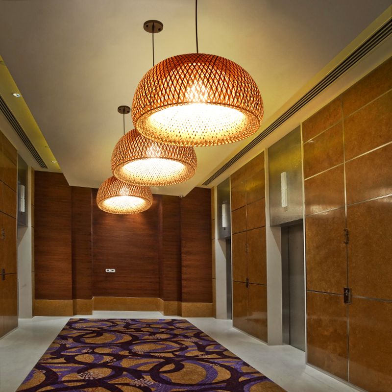 Asia Style Half-Circle Pendant Lighting Fixture Rattan Restaurant Pendant Light Kit in Beige