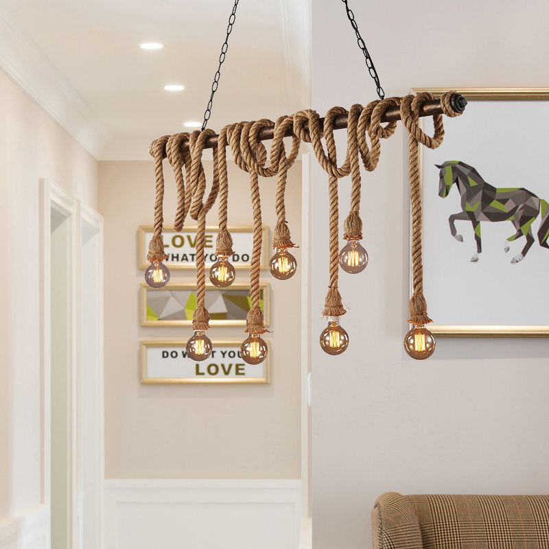 Verstelbaar touw blootgesteld eilandlicht retro industrieel 5/6-licht restaurant eiland plafondlicht in beige/lichtgeel