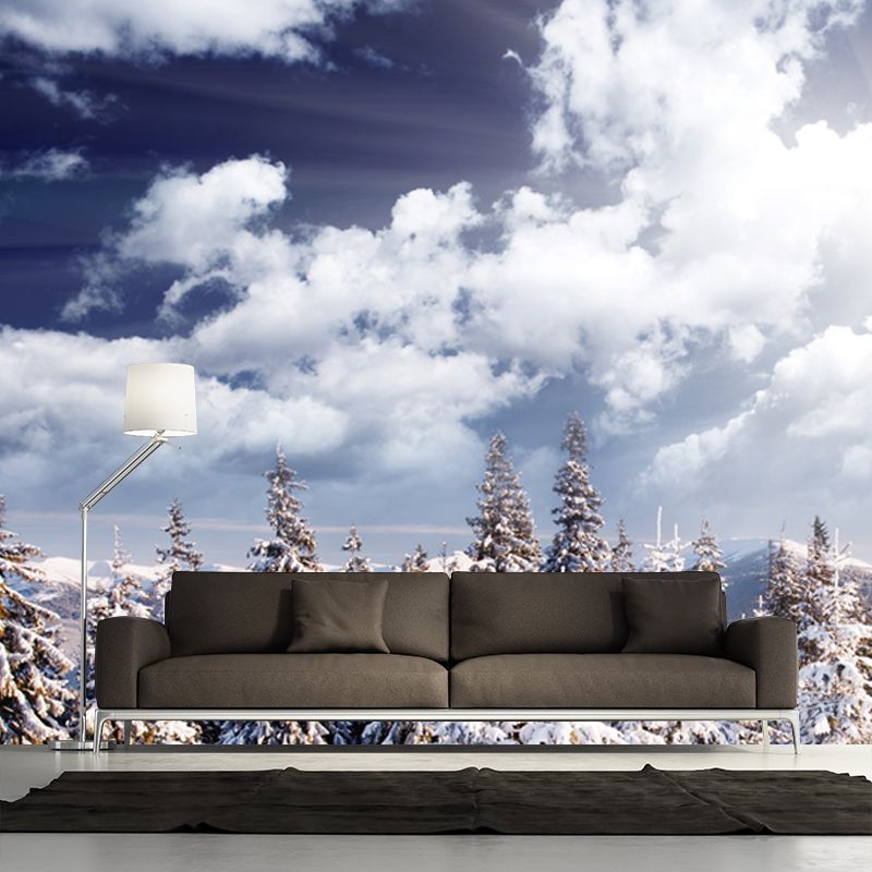 White Nordic Wallpaper Mural Huge Snowy Road with Cypress Wall Decor for Living Room