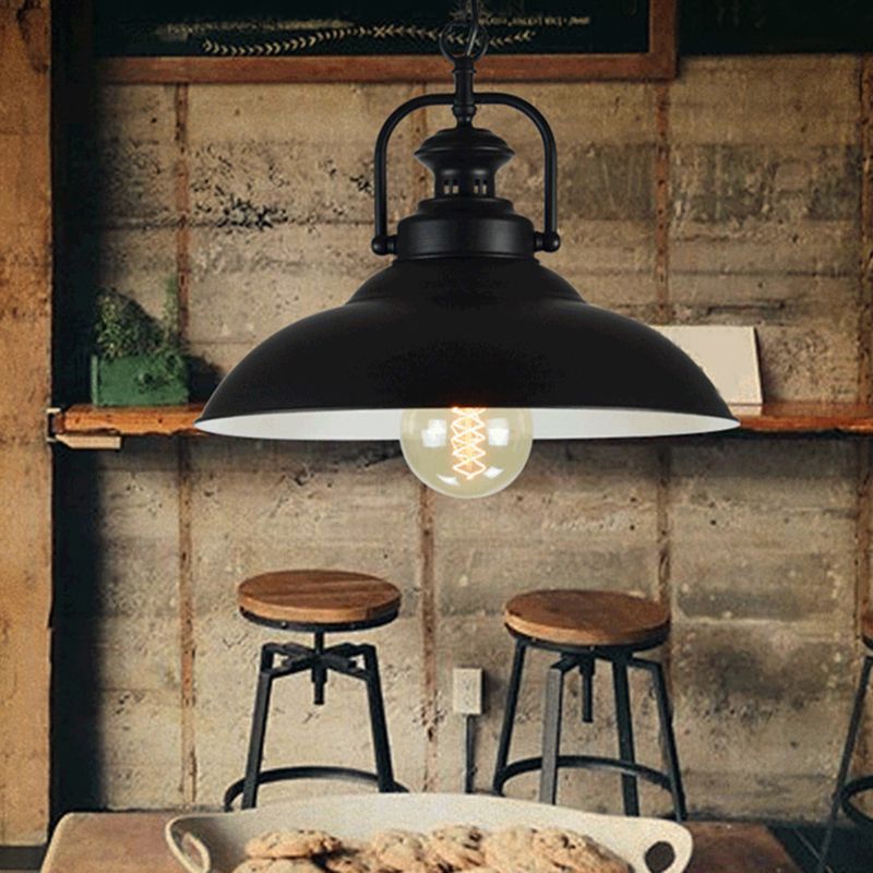 1 lampe suspendue à la tête recouvrement de pot vintage pendentif éclairage en métal avec poignée en noir extérieur et blanc intérieur
