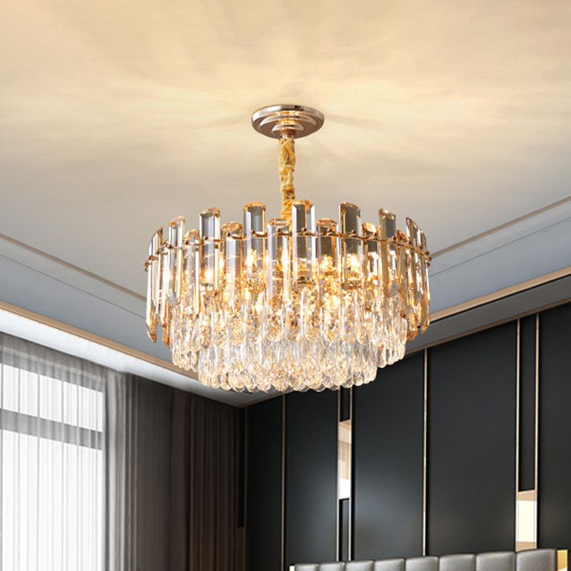 9 Bulbs Round Pendant Chandelier Modern Gold Finish Cut Crystal Suspension Light for Living Room