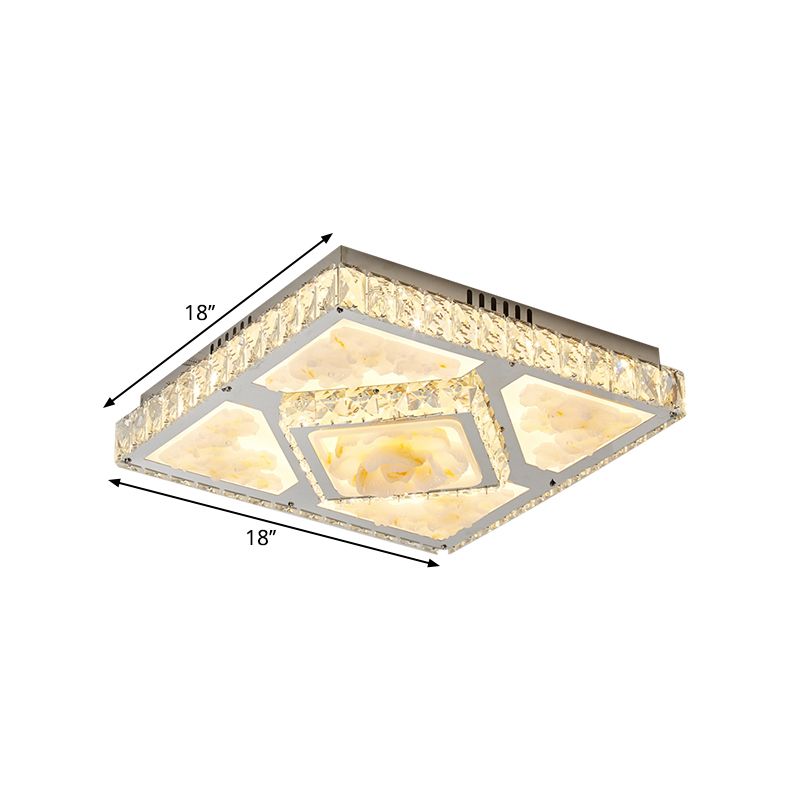 Modernism Square Ceiling Flush Crystal Block LED Parlor Flush Mount Light with Lotus Design in Chrome
