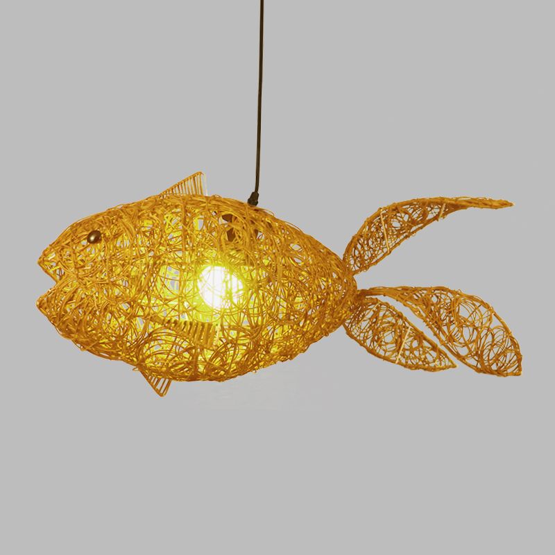 Asian Style Fish-Shape Pendulum Light Rattan 1-Light Living Room Hanging Ceiling Lamp in Gold