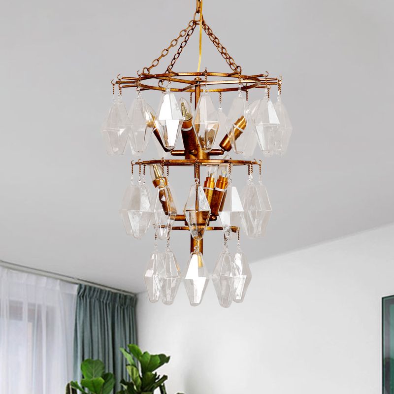 Diamond Clear Crystal Chandelier Lamp Countryside 8 Heads Living Room Pendant Light in Gold with Tiered Design