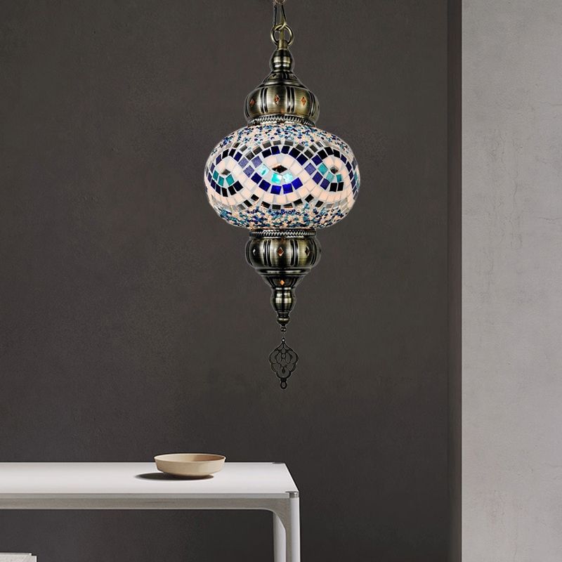 1 Head Cut Glass Ceiling Pendant Light Traditional Beige/Yellow/Blue Oval Dining Room Hanging Light Fixture