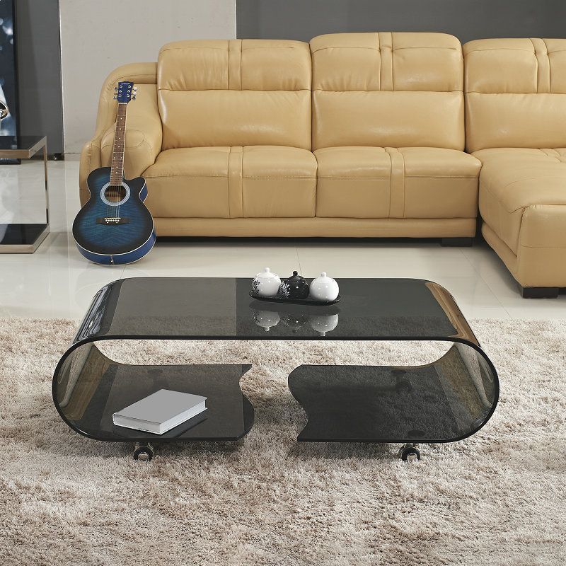 Modern Rectangle Glass Coffee Table Abstract Cocktail Table with Storage