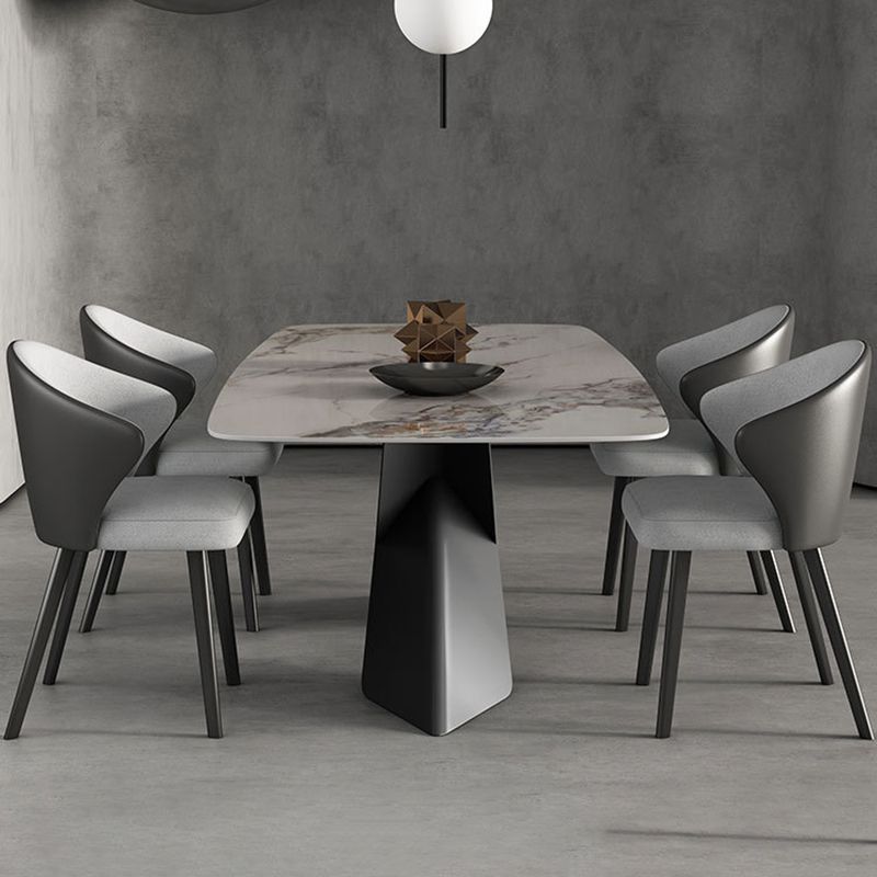 Mesa contemporánea de comedor de mármol con faux fijo con 2 patas de cocina metálicas negras