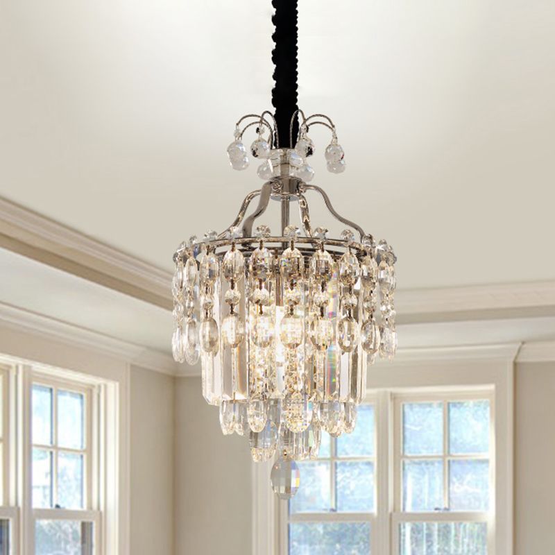 Faceted Cut Crystal Chrome Hanging Lamp Layered 3 Bulbs Modern Chandelier Pendant Light