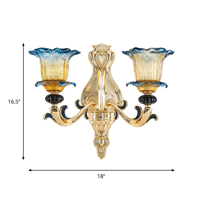 2 Bulbs Flower Wall Sconce Antiqued Light Gold Clear Ruffle Glass Wall Mounted Lamp with Curved Arm