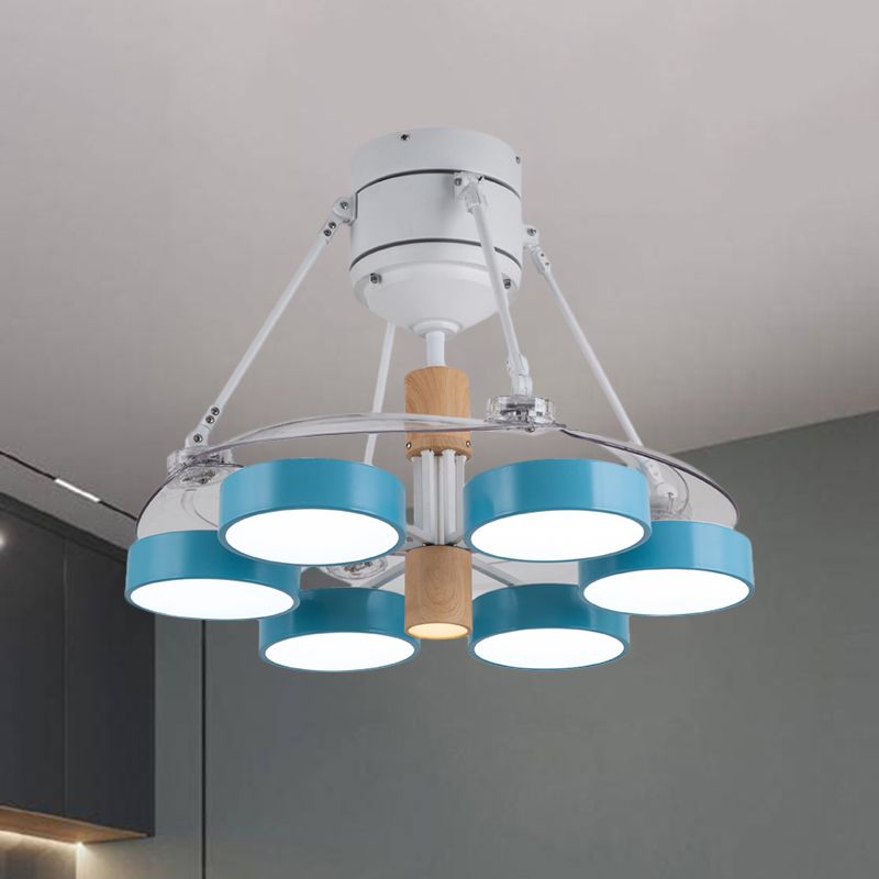 Simplicity Drum Pendant Fan Light Metallic 6-kop 48 "W Drawing Room dicht bij plafondlamp met 4 heldere messen in zwart/wit/roze