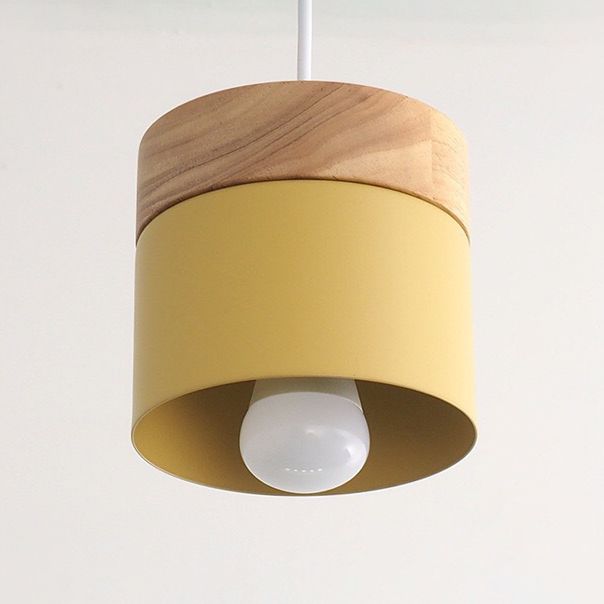 Wooden Cylindroid Pendant Light in Modern Artistic Style Iron Macaron Hanging Lamp for Dining Room