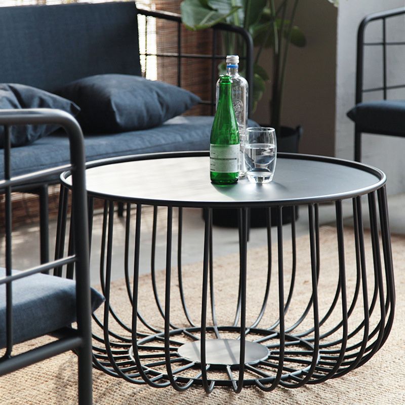 Mid-century Modern Round Iron Coffee Table, Brass/Black Frame Cocktail Table with Storage