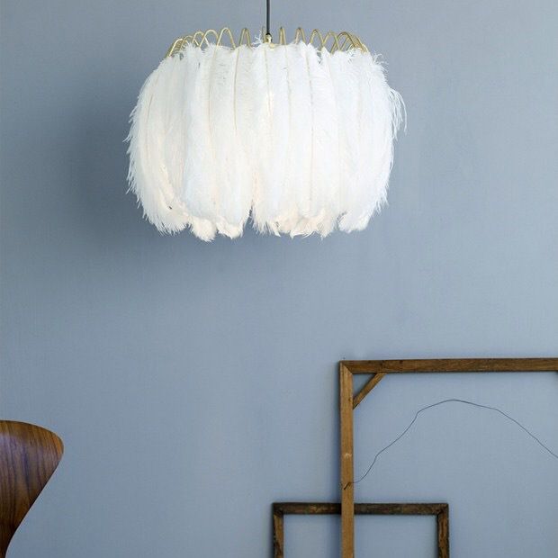 Drum Hanging Light Fixture Modern Feather Living Room Ceiling Pendant Lamp in White