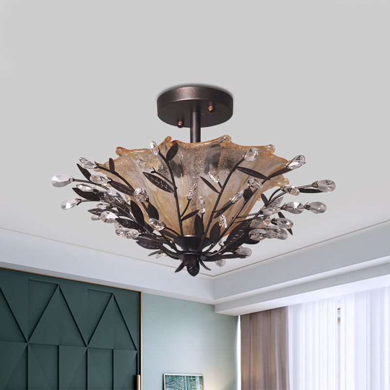 Black Flared Semi Flush Mount Modernism Amber Glass 2 Heads Living Room Ceiling Light Fixture with Branch Crystal Accent