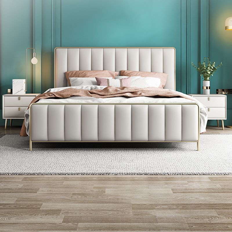 Glam Standard Bed Upholstered Headboard Solid Wood Beige Panel Bed