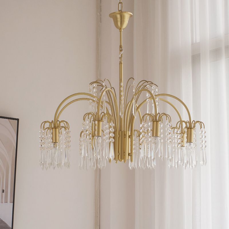 Country Style Branch Pendant Lamp Crystal Beading Chandelier in Brass for Cafe