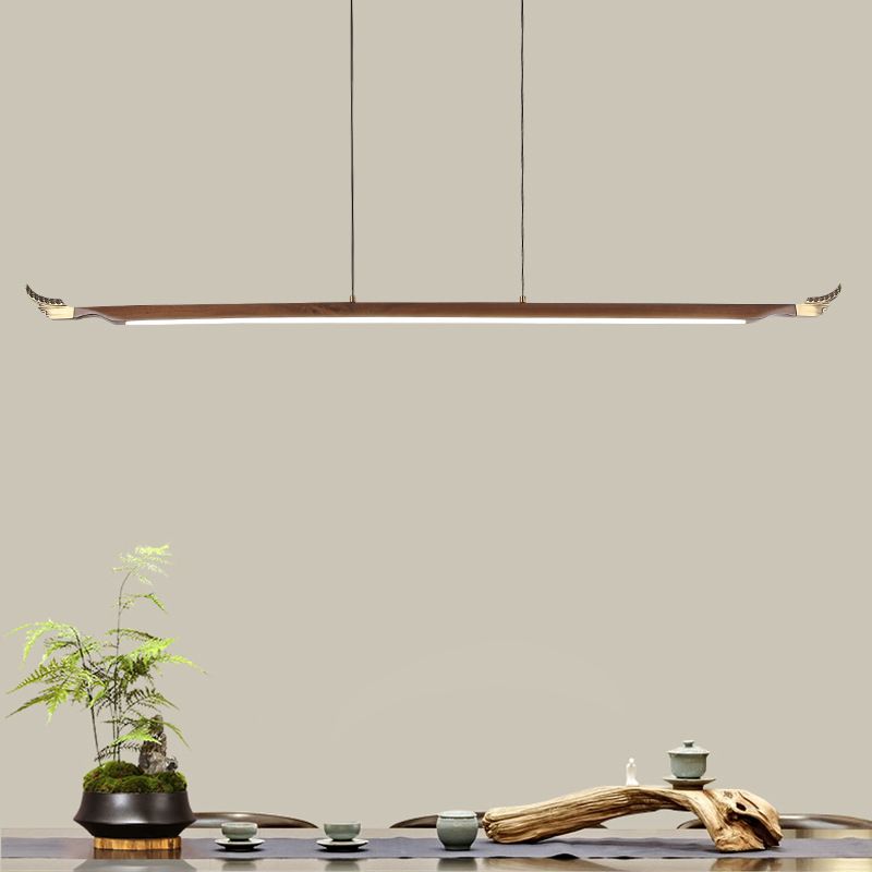 Minimalistic Linear Island Lighting Walnut Wood Tea Room LED Hanging Light in Dark Brown