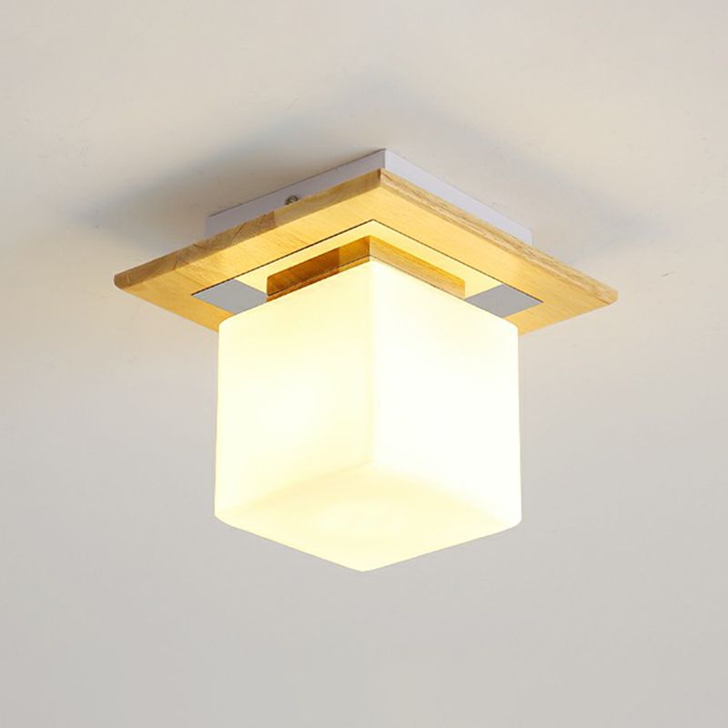 Small Aisle Ceiling Flush Light White Glass 1 Head Nordic Semi Mount Lighting in Wood