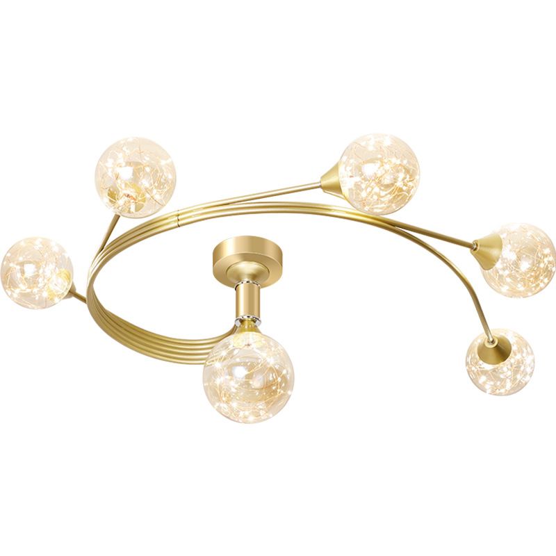 Curva de metal Semi Flush Monte Minimalista LED de led estrellado Luz de techo con sombra de vidrio de bola